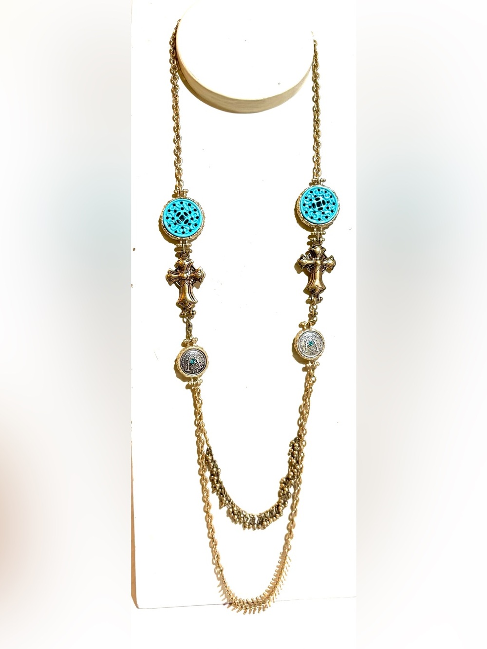 Vintage Gold-Tone Necklace with Turquoise Accents and Cross Charms